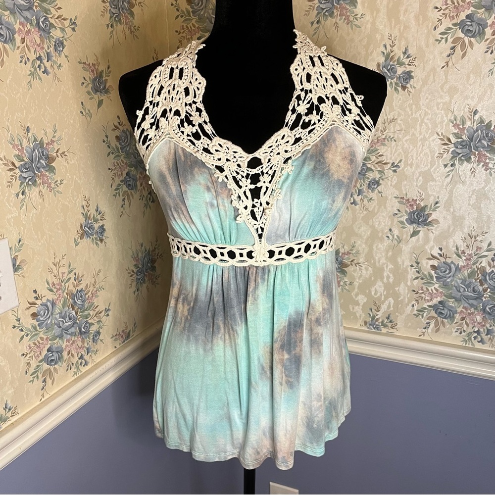 VENUS tie dye blue grey crochet halter, size s